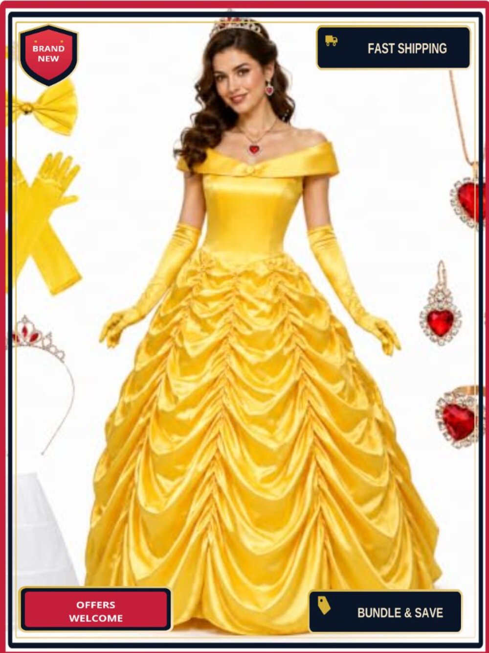 Princess Costume Dress Set with Crown Gloves Jewelry Corset Layered Satin